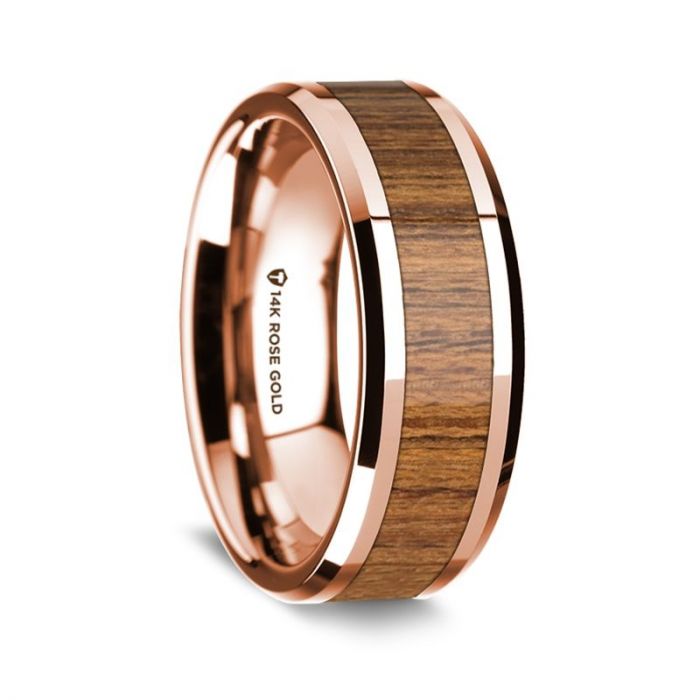 14K Rose Gold Polished Beveled Edges Wedding Ring with Teakwood Inlay - 8 mm