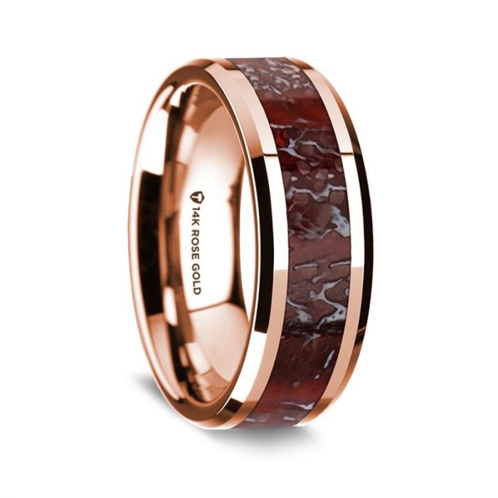 14K Rose Gold Polished Beveled Edges Wedding Ring with Red Dinosaur Bone Inlay - 8 mm