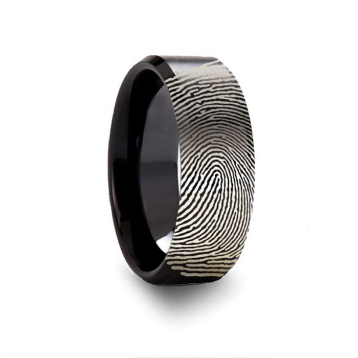 Fingerprint Black Tungsten Ring with Polished Beveled Edges and Brush Finished Center - 6 mm - 10 mm