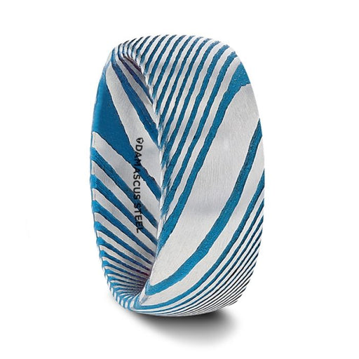 EARL Blue Domed Brushed Damascus Steel Men’s Wedding Band with Vivid Etched Design- 6mm & 8mm