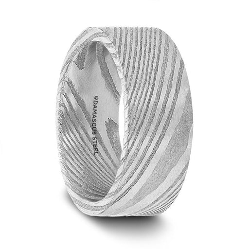 XANDER Grey Flat Brushed Damascus Steel Men’s Wedding Band with Vivid Etched Design- 6mm & 8mm