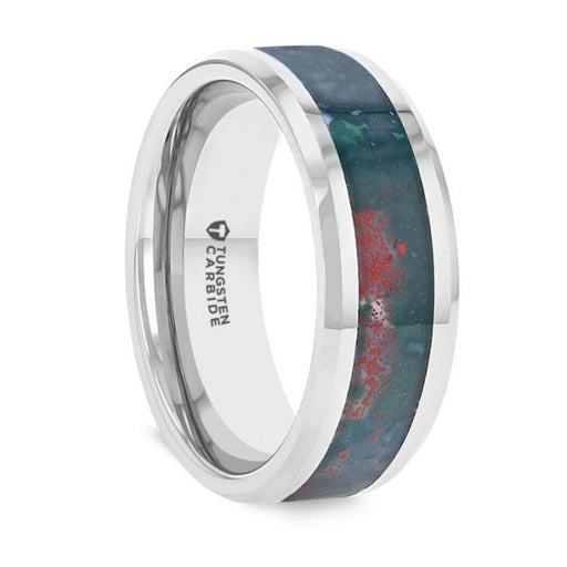 MICAH Bloodstone Inlay Tungsten Carbide Ring with Polished Beveled Edges - 8mm