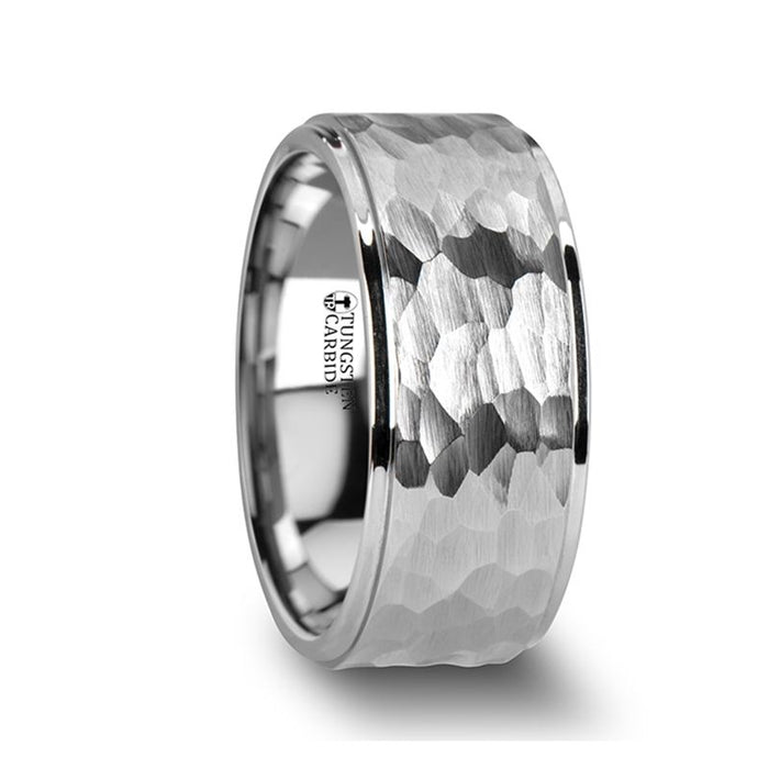WINSTON White Tungsten Ring with Raised Hammered Finish and Polished Step Edges - 4mm - 10mm