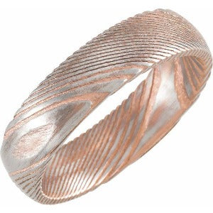 18K Rose Gold PVD Damascus Steel Patterned Half Round Band STST52084 - 4 mm - 6 mm