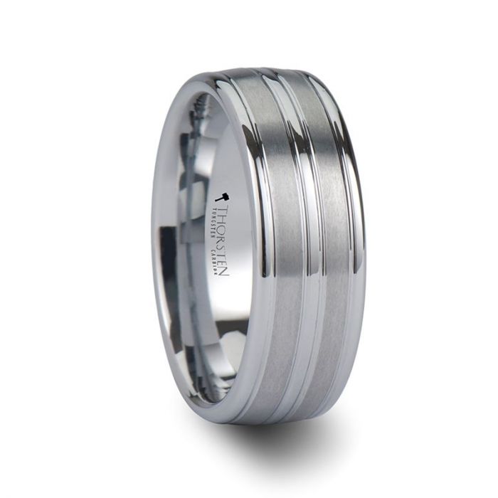 VANCOUVER White Tungsten Wedding Band with Triple Grooves - 8mm