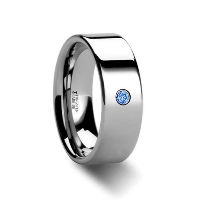 PEMBROKE Flat Style Polished Tungsten Blue Diamond Ring - 6mm & 8mm