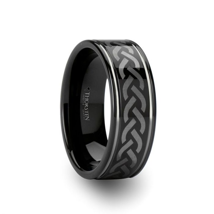 KILMORE Black Tungsten Carbide Ring with Celtic Pattern - 8mm