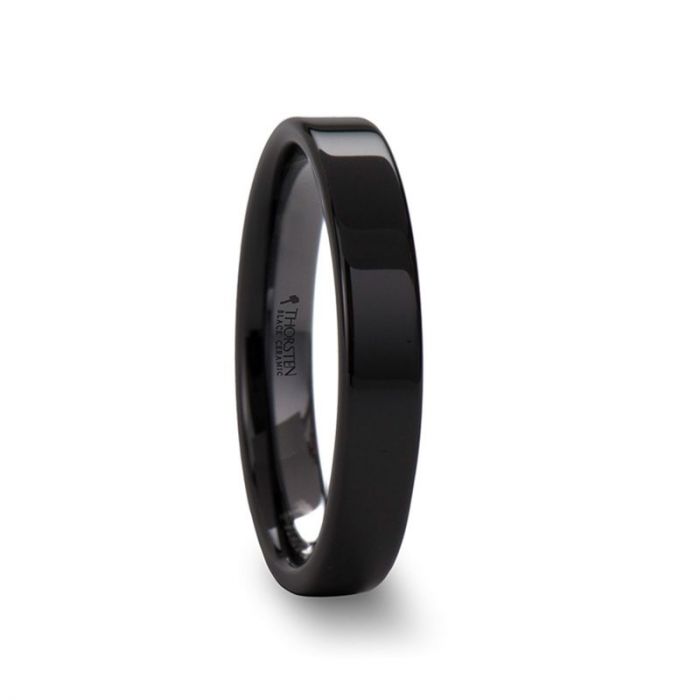 FRAENER Flat Polish Finished Black Ceramic Wedding Ring - 4mm - 12mm