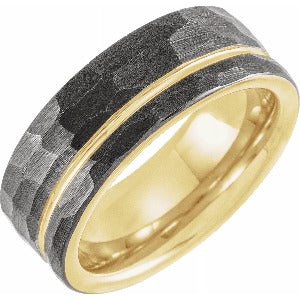 Black & 18K Yellow Gold PVD Tungsten Grooved Band With Hammer Finish TAR52125 - 8 mm