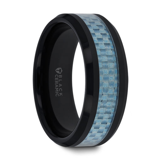 ATTICUS Blue Carbon Fiber Inlaid Black Ceramic Ring with Bevels - 8mm