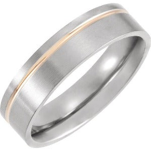 Titanium & 18K Rose Gold PVD Grooved Band T52124 - 6 mm