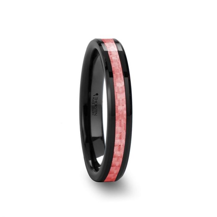 ROSA Women's Beveled Black Ceramic Ring with Pink Carbon Fiber Inlay - 4mm & 6 mm
