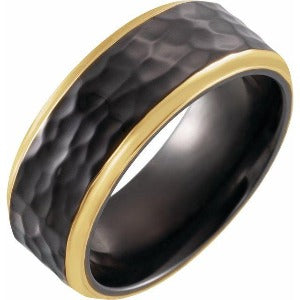 18K Yellow Gold PVD Black Titanium Flat Band with Hammer Finish T52268 - 8 mm