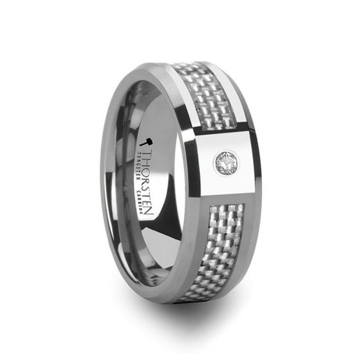 ROYCE Tungsten Wedding Band with White Carbon Fiber and White Diamond Setting - 8mm