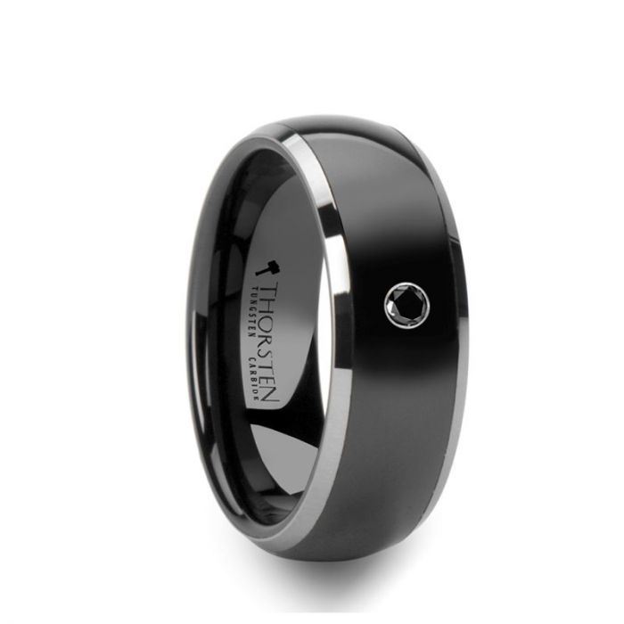 GOTHAM Domed Black Ceramic Comfort Fit Wedding Band with Polished Tungsten Edges and Black Diamond Setting - 8mm