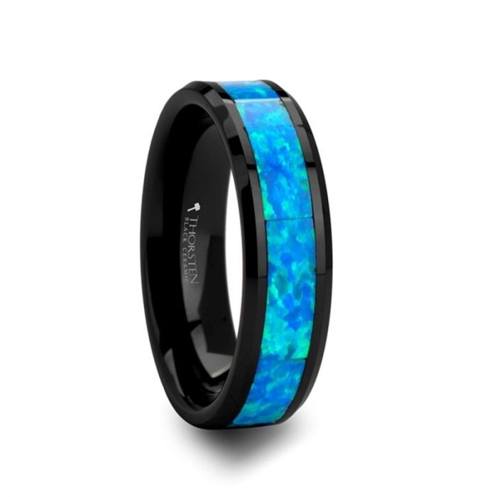 QUANTUM Black Ceramic Ring with Blue Green Opal Inlay - 4 mm - 10 mm