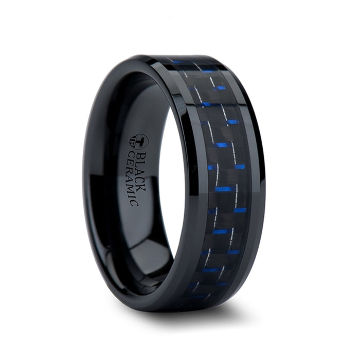 AVITUS Black Beveled Ceramic Ring with Blue & Black Carbon Fiber Inlay - 4mm - 10mm
