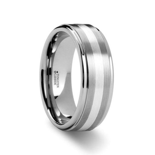PRAETOR Silver Inlaid Raised Satin Finish Tungsten Ring - 8 mm