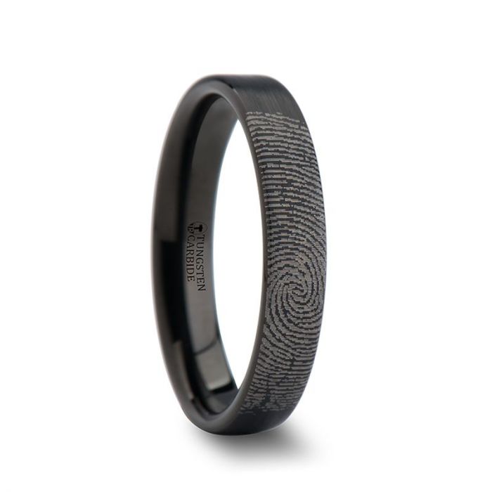 Fingerprint Engraved Flat Pipe Cut Black Tungsten Ring Brushed - San Antonio - 4mm - 12mm