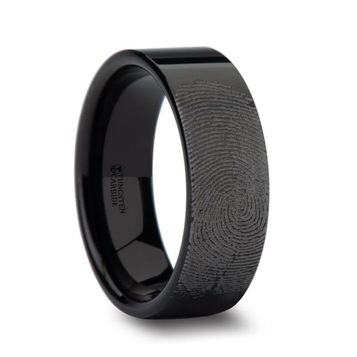 Fingerprint Engraved Flat Pipe Cut Black Tungsten Ring Polished - Morpheus - 4 mm - 12 mm