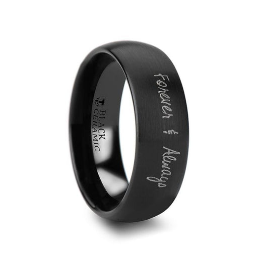 Handwritten Engraved Domed Black Tungsten Ring with Brushed Finish - 4mm - 12mm