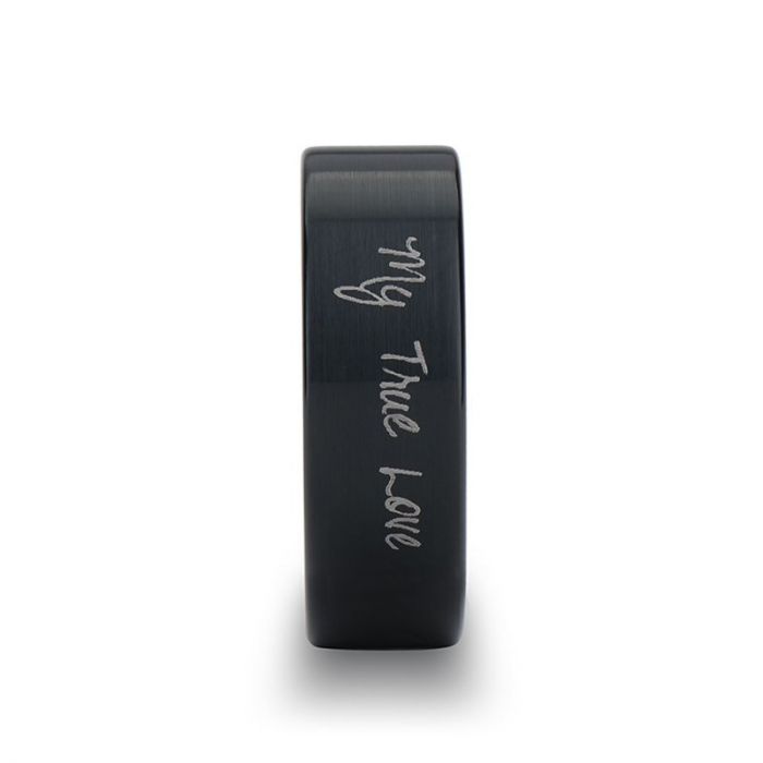 Handwritten Engraved Flat Pipe Cut Black Tungsten Ring Brushed - 4mm - 12mm