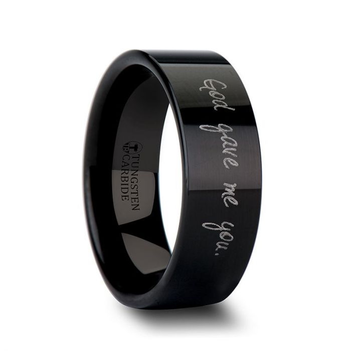 Handwritten Engraved Flat Pipe Cut Black Tungsten Ring Polished - 4mm - 12mm