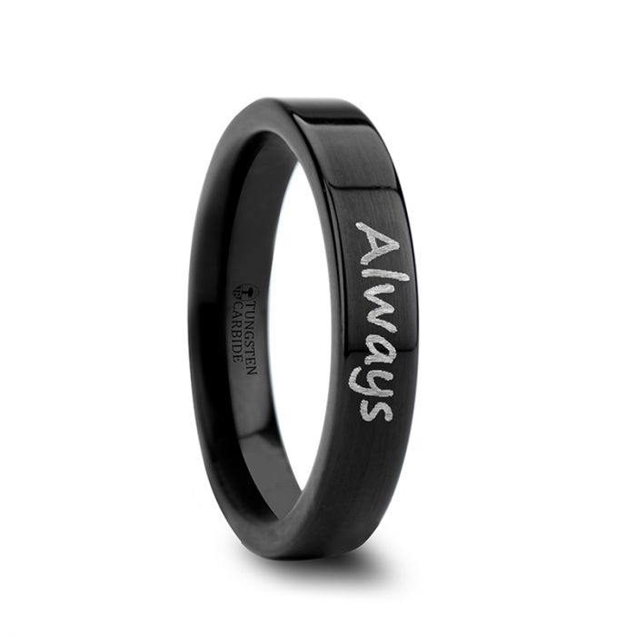 Handwritten Engraved Flat Pipe Cut Black Tungsten Ring Polished - 4mm - 12mm