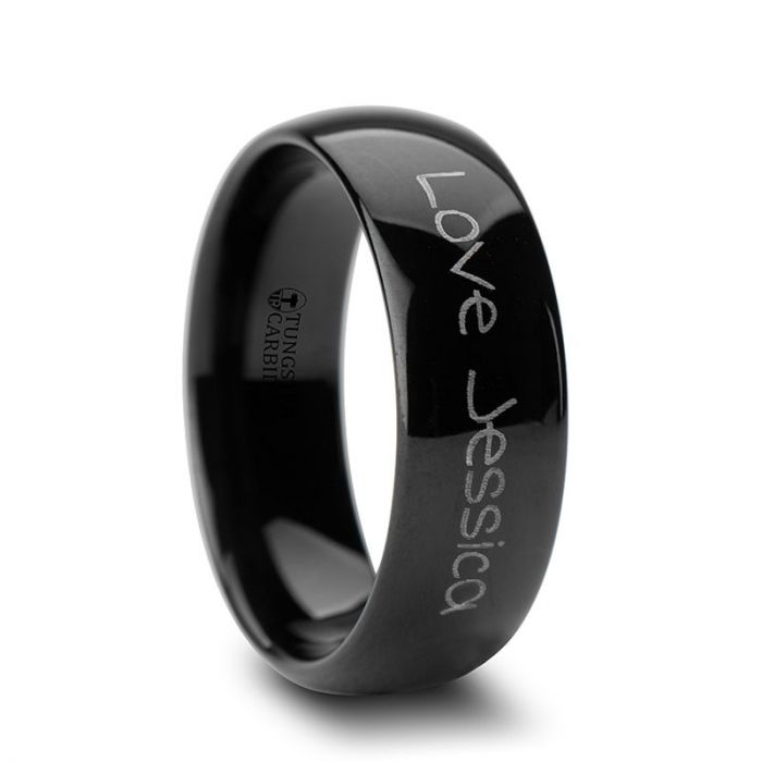 Handwritten Engraved Domed Black Tungsten Ring Polished - 4mm - 12mm