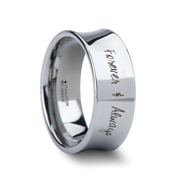 Handwritten Engraved Concave Tungsten Ring Polished - 4mm - 8mm
