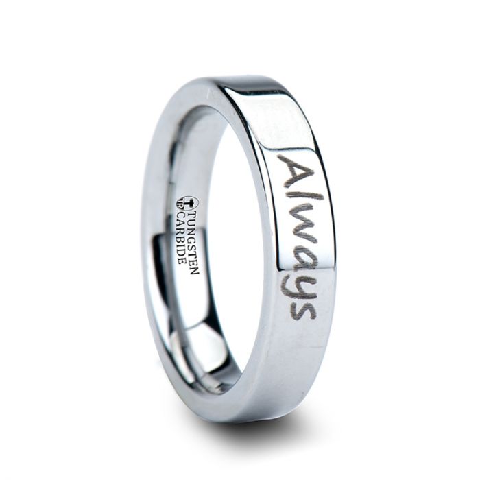 Handwritten Engraved Flat Pipe Cut Tungsten Ring Polished - 4mm - 12mm