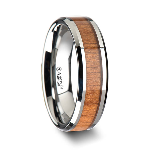 BRUNSWICK Tungsten Wedding Ring with Polished Bevels and Black Cherry Wood Inlay - 6 mm - 10 mm