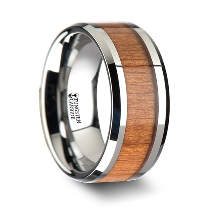 BRUNSWICK Tungsten Wedding Ring with Polished Bevels and Black Cherry Wood Inlay - 6 mm - 10 mm