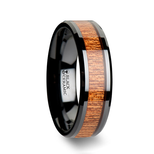 BENIN Black Ceramic Wedding Band with Polished Bevels and African Sapele Wood Inlay - 6 mm - 10 mm