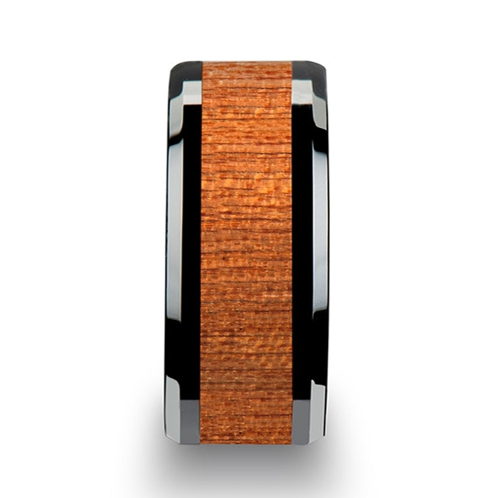 BENIN Black Ceramic Wedding Band with Polished Bevels and African Sapele Wood Inlay - 6 mm - 10 mm