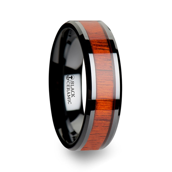 BOSULU Black Ceramic Wood Ring with Polished Bevels and Padauk Real Wood Inlay - 6 mm - 10 mm