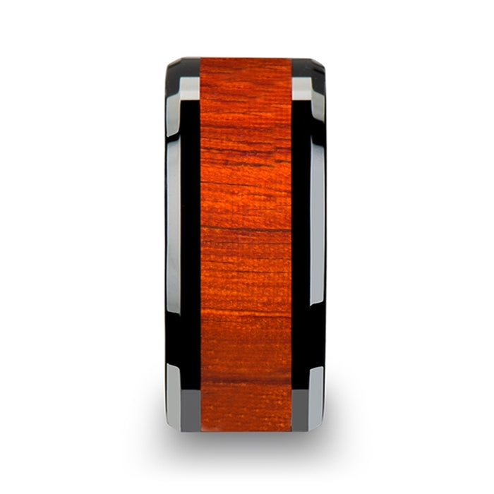 BOSULU Black Ceramic Wood Ring with Polished Bevels and Padauk Real Wood Inlay - 6 mm - 10 mm