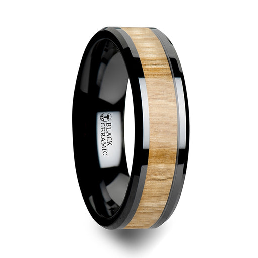 BILTMORE Black Ceramic Ring with Polished Bevels and Ash Wood Inlay - 6 mm - 10 mm