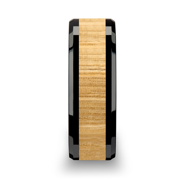 BILTMORE Black Ceramic Ring with Polished Bevels and Ash Wood Inlay - 6 mm - 10 mm