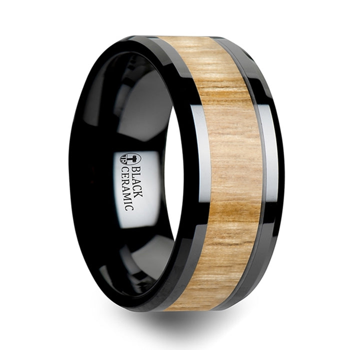 BILTMORE Black Ceramic Ring with Polished Bevels and Ash Wood Inlay - 6 mm - 10 mm