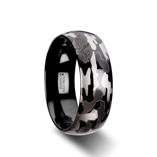 ADMIRAL Domed Black Tungsten Carbide Ring with Black and Gray Camo Pattern - 8mm