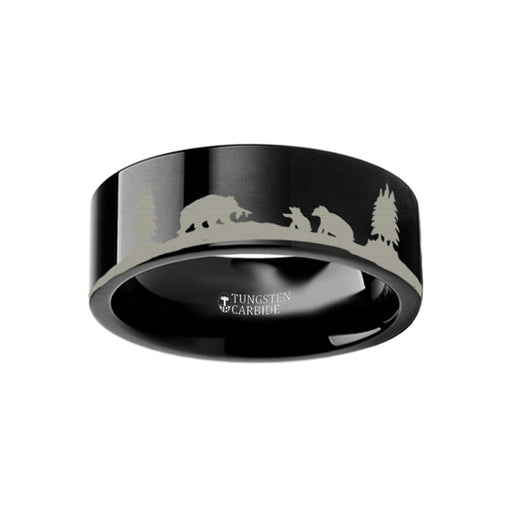 Animal Landscape Scene Bears Bear Cubs Ring Engraved Flat Black Tungsten Ring - 4mm - 12mm