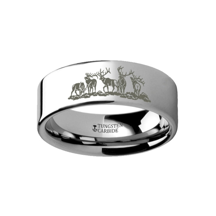 Animal Landscape Scene Five Deer Stag Hunting Ring Engraved Flat Tungsten Ring - 4mm - 12mm