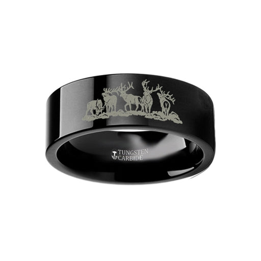 Deer Elk Antler Engraved Ring Flat Black Tungsten Ring Polished - 4mm - 12mm