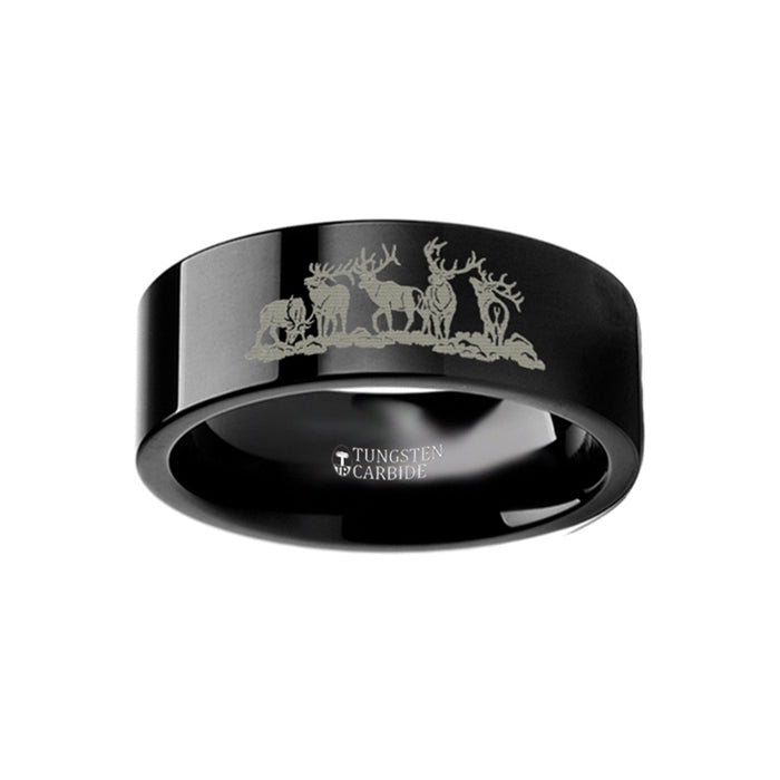 Animal Landscape Scene Five Deer Stag Hunting Ring Engraved Flat Black Tungsten Ring - 4mm - 12mm