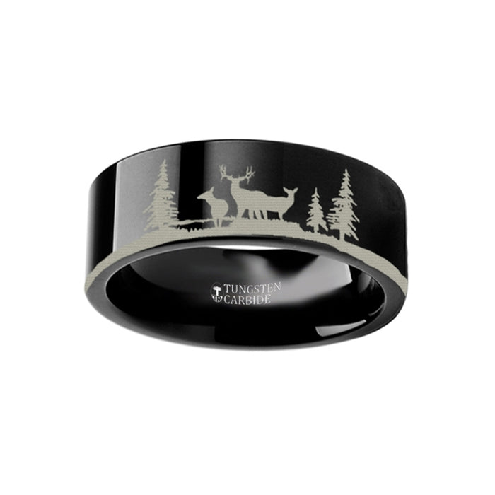 Animal Landscape Scene Reindeer Deer Stag Ring Engraved Flat Black Tungsten Ring - 4mm - 12mm