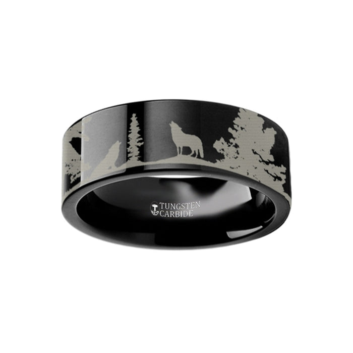 Animal Landscape Scene Wolf Wolves Ring Engraved Flat Black Tungsten Ring - 4mm - 12mm