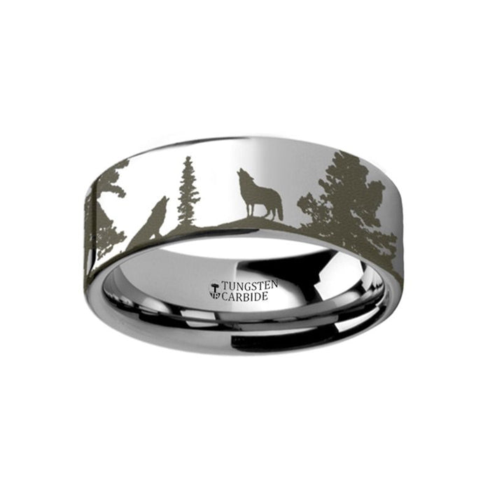 Animal Landscape Scene Wolf Wolves Ring Engraved Flat Tungsten Ring - 4mm - 12mm