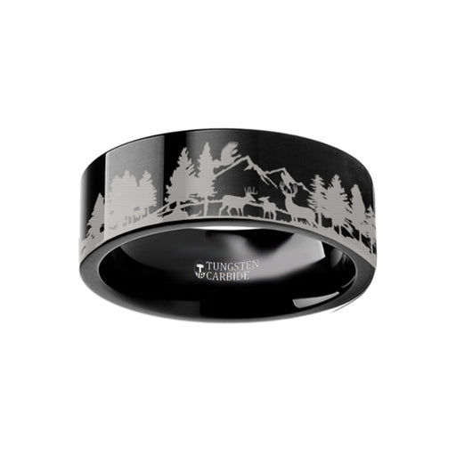 Animal Scene Reindeer Deer Stag Mountain Range Canvas Ring Engraved Flat Black Tungsten Ring - 4mm - 12mm