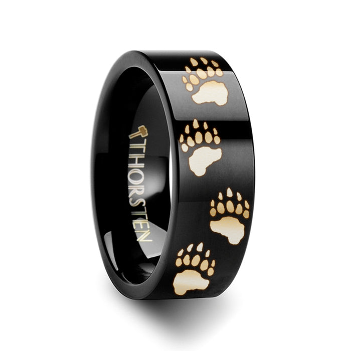 Animal Track Bear Paw Print Engraved Ring Black Tungsten Ring Polished- 4mm - 12mm